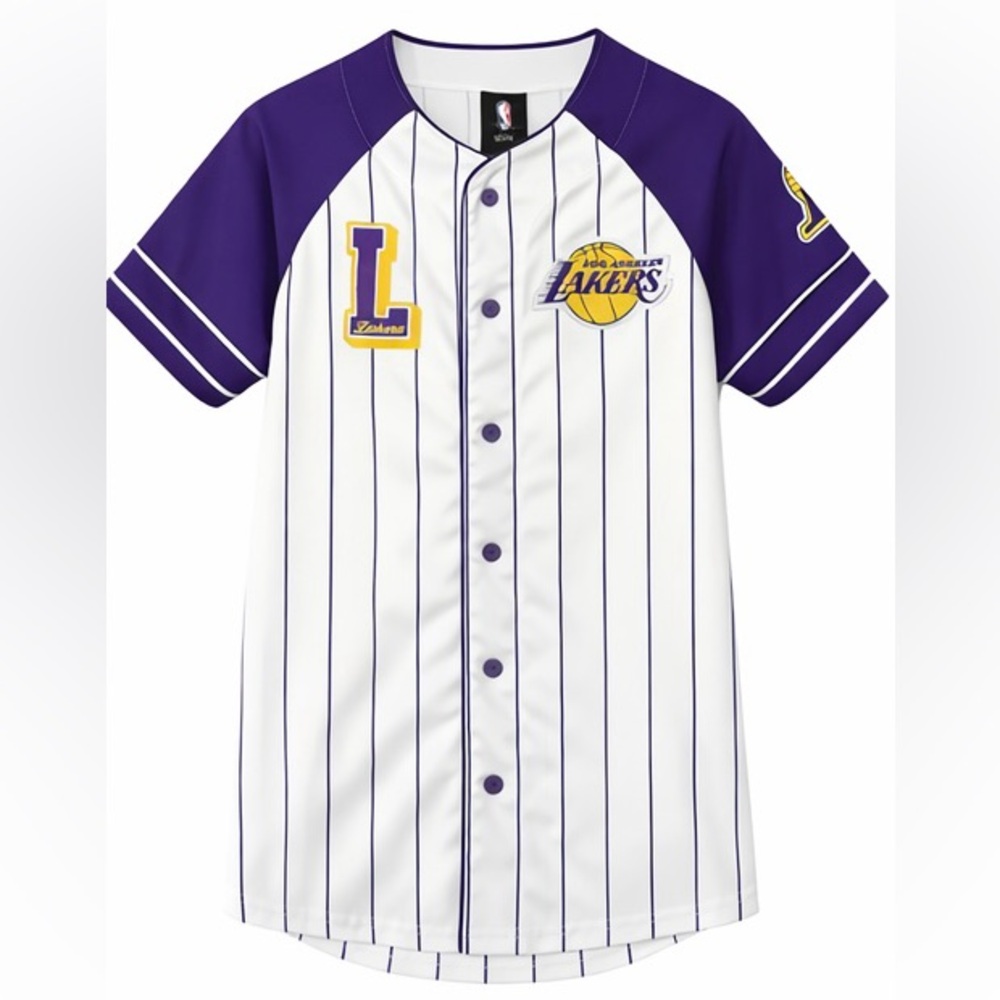 NBA Los Angeles Lakers Pile On Button Up Baseball Jersey Youth Boys Sz L (14-16)